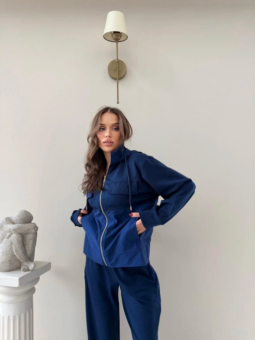 PARAŞÜT DETAY KAPÜŞONLU HIRKA VE PANTOLONLU MODAL İKİLİ TAKIM LACİVERT