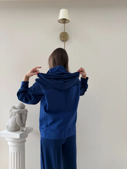 PARAŞÜT DETAY KAPÜŞONLU HIRKA VE PANTOLONLU MODAL İKİLİ TAKIM LACİVERT