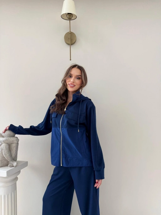 PARAŞÜT DETAY KAPÜŞONLU HIRKA VE PANTOLONLU MODAL İKİLİ TAKIM LACİVERT