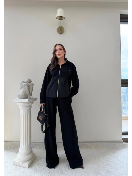 PARAŞÜT DETAY KAPÜŞONLU HIRKA VE PANTOLONLU MODAL İKİLİ TAKIM SİYAH