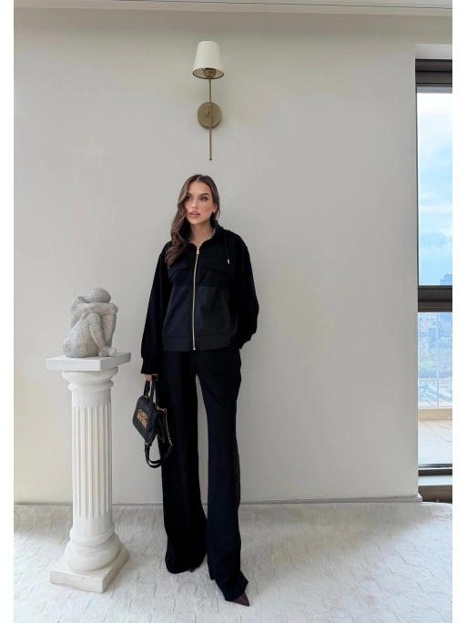 PARAŞÜT DETAY KAPÜŞONLU HIRKA VE PANTOLONLU MODAL İKİLİ TAKIM SİYAH