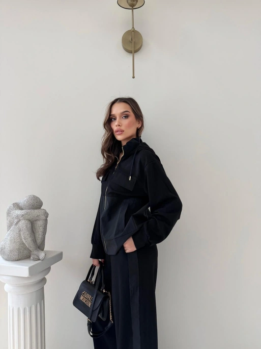 PARAŞÜT DETAY KAPÜŞONLU HIRKA VE PANTOLONLU MODAL İKİLİ TAKIM SİYAH