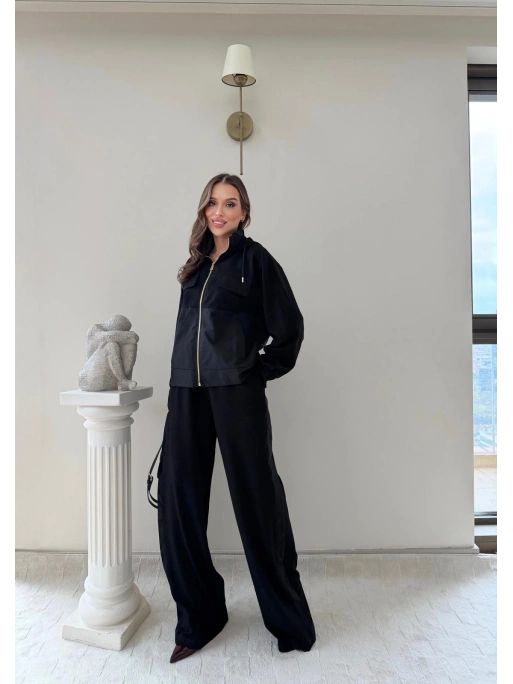 PARAŞÜT DETAY KAPÜŞONLU HIRKA VE PANTOLONLU MODAL İKİLİ TAKIM SİYAH