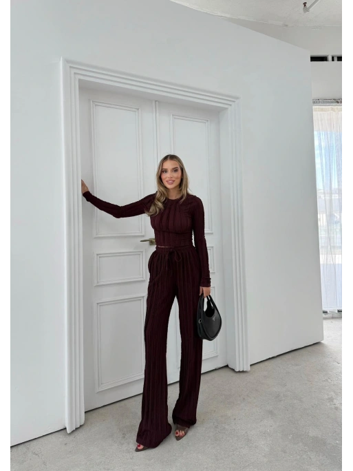 PARMAK GEÇME DETAY TERS DİKİŞ BLUZ VE PANTOLONLU GOFRE İKİLİ TAKIM MÜRDÜM