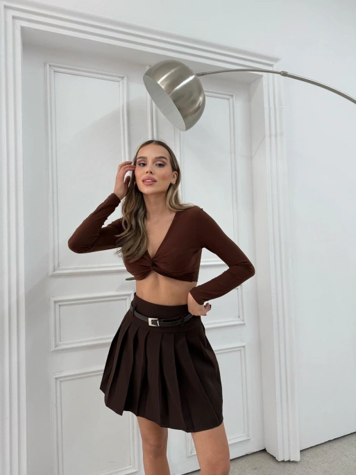 PİLELİ ŞORTLU KEMERLİ ETEK KAHVE