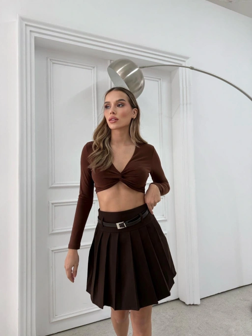 PİLELİ ŞORTLU KEMERLİ ETEK KAHVE