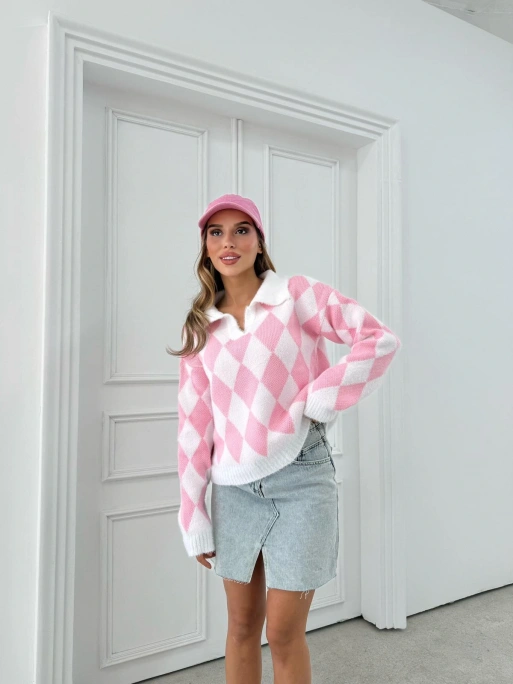 POLO YAKA BAKLAVA DESEN TRİKO PEMBE