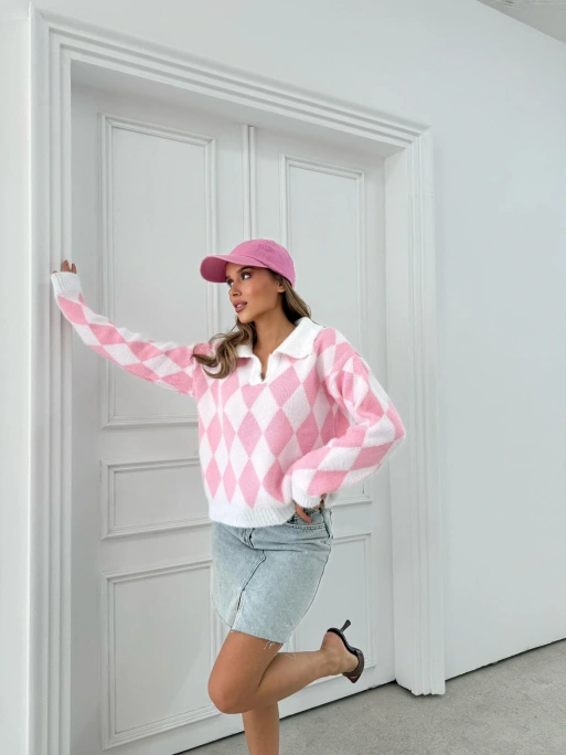 POLO YAKA BAKLAVA DESEN TRİKO PEMBE