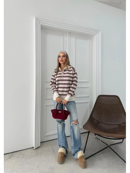 POLO YAKA ÇİZGİLİ OVERSİZE TRİKO KAZAK BORDO
