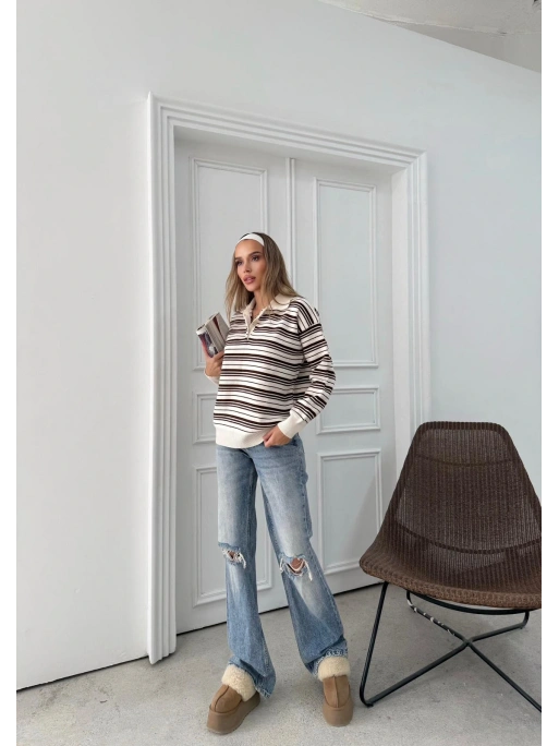 POLO YAKA ÇİZGİLİ OVERSİZE TRİKO KAZAK KAHVE