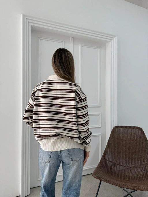 POLO YAKA ÇİZGİLİ OVERSİZE TRİKO KAZAK KAHVE