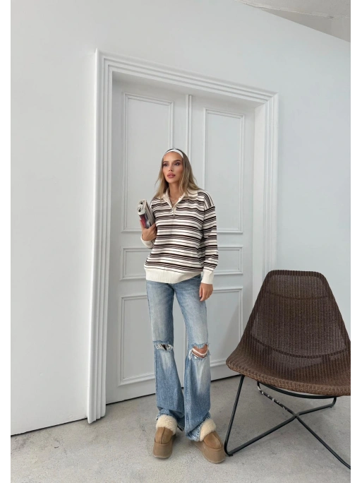 POLO YAKA ÇİZGİLİ OVERSİZE TRİKO KAZAK KAHVE