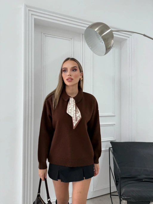 POLO YAKA FULARLI OVERSİZE TRİKO KAZAK KAHVE