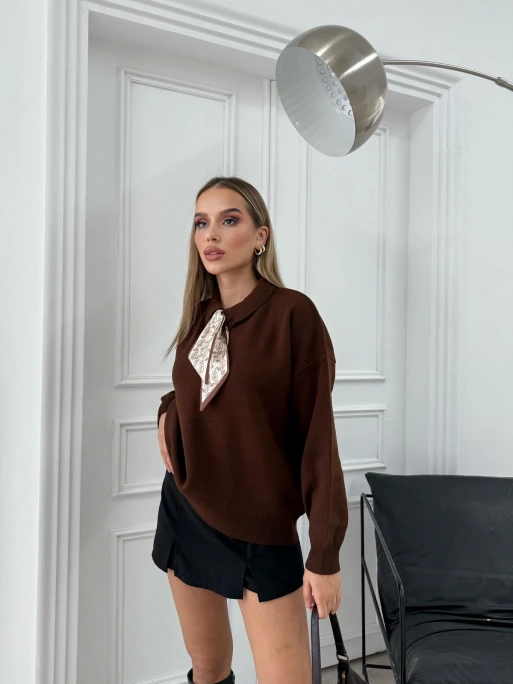 POLO YAKA FULARLI OVERSİZE TRİKO KAZAK KAHVE