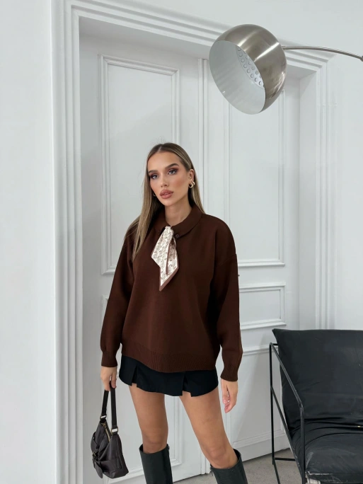 POLO YAKA FULARLI OVERSİZE TRİKO KAZAK KAHVE