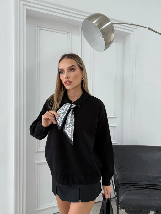 POLO YAKA FULARLI OVERSİZE TRİKO KAZAK SİYAH