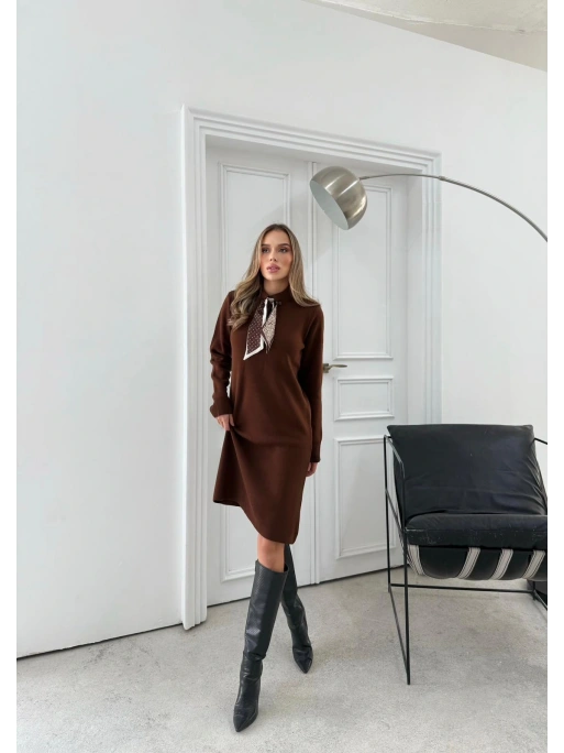 POLO YAKA FULARLI TRİKO ELBİSE ACI KAHVE