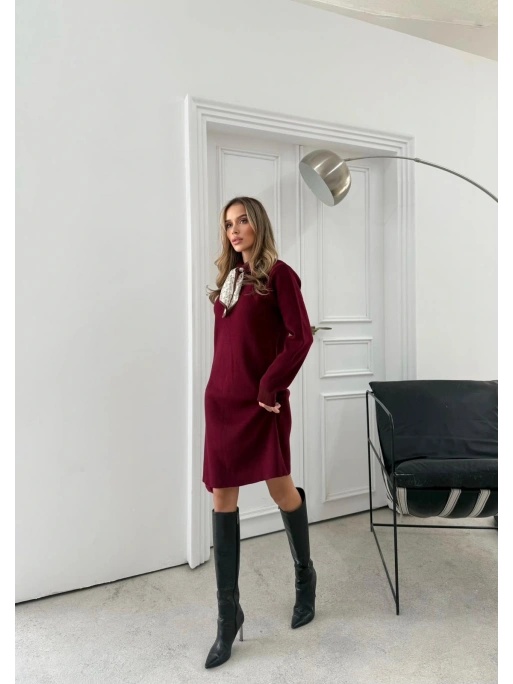 POLO YAKA FULARLI TRİKO ELBİSE BORDO