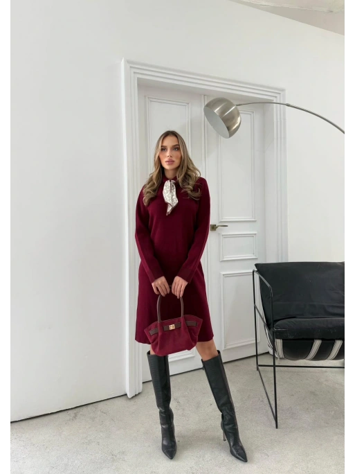 POLO YAKA FULARLI TRİKO ELBİSE BORDO