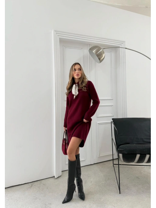 POLO YAKA FULARLI TRİKO ELBİSE BORDO