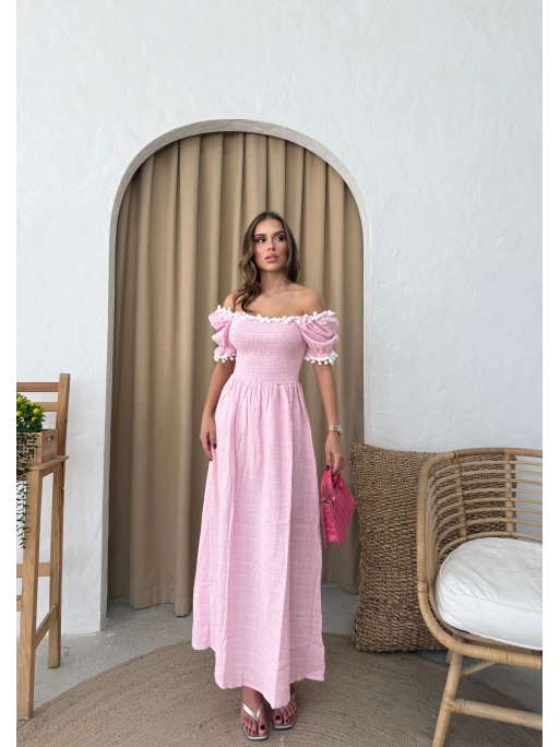 PONPONLU GİPELİ KETEN UZUN ELBİSE PEMBE