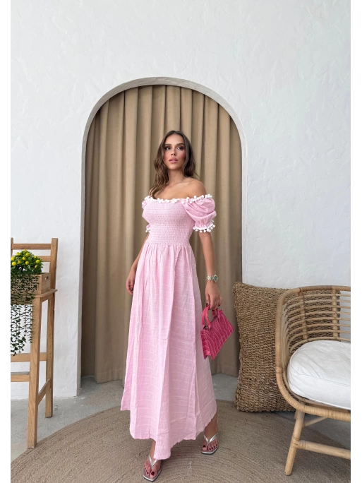 PONPONLU GİPELİ KETEN UZUN ELBİSE PEMBE