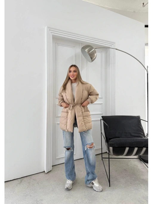 ŞAL YAKA BEL KUŞAKLI ÇİFT CEP ŞİŞME MONT BEJ