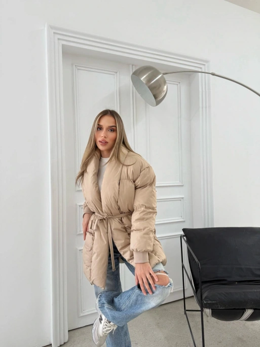 ŞAL YAKA BEL KUŞAKLI ÇİFT CEP ŞİŞME MONT BEJ