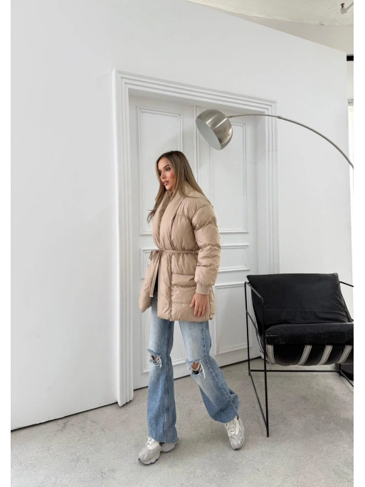 ŞAL YAKA BEL KUŞAKLI ÇİFT CEP ŞİŞME MONT BEJ