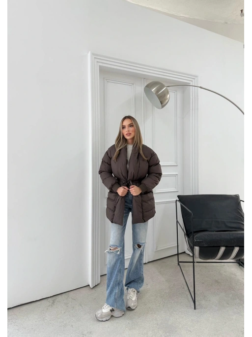 ŞAL YAKA BEL KUŞAKLI ÇİFT CEP ŞİŞME MONT KAHVE