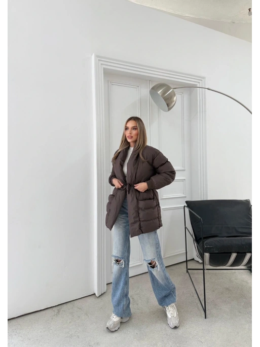 ŞAL YAKA BEL KUŞAKLI ÇİFT CEP ŞİŞME MONT KAHVE