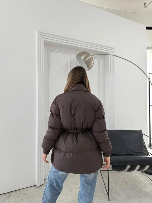 ŞAL YAKA BEL KUŞAKLI ÇİFT CEP ŞİŞME MONT KAHVE