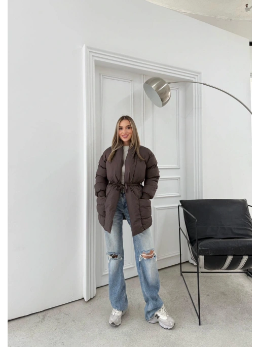 ŞAL YAKA BEL KUŞAKLI ÇİFT CEP ŞİŞME MONT KAHVE