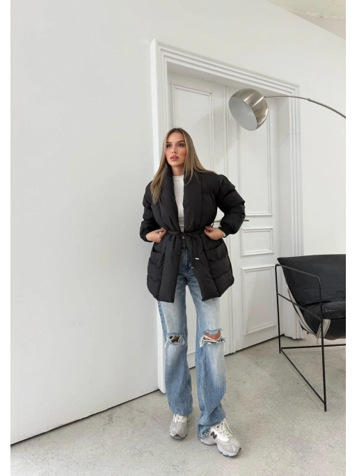 ŞAL YAKA BEL KUŞAKLI ÇİFT CEP ŞİŞME MONT SİYAH