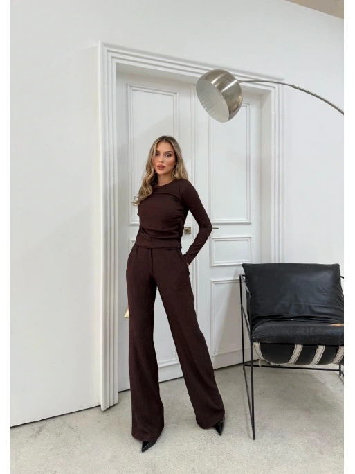 ŞAL YAKA BLUZ VE PANTOLONLU SELANİK KUMAŞ İKİLİ TAKIM KAHVE