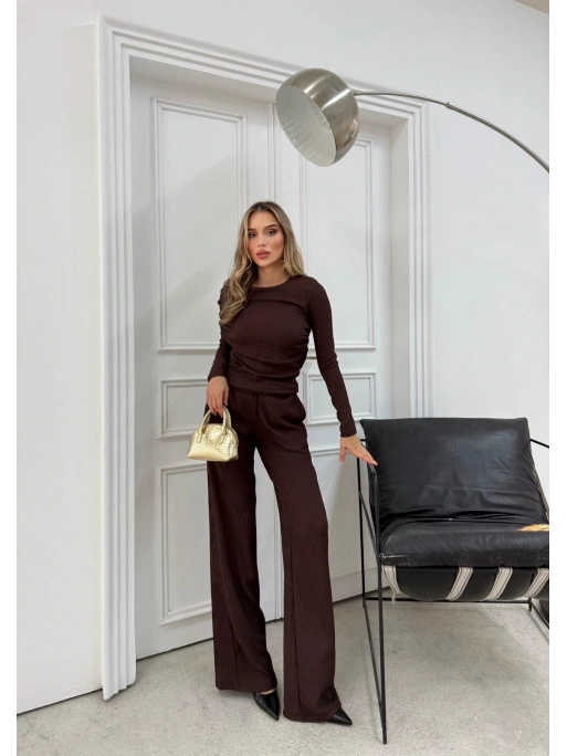 ŞAL YAKA BLUZ VE PANTOLONLU SELANİK KUMAŞ İKİLİ TAKIM KAHVE