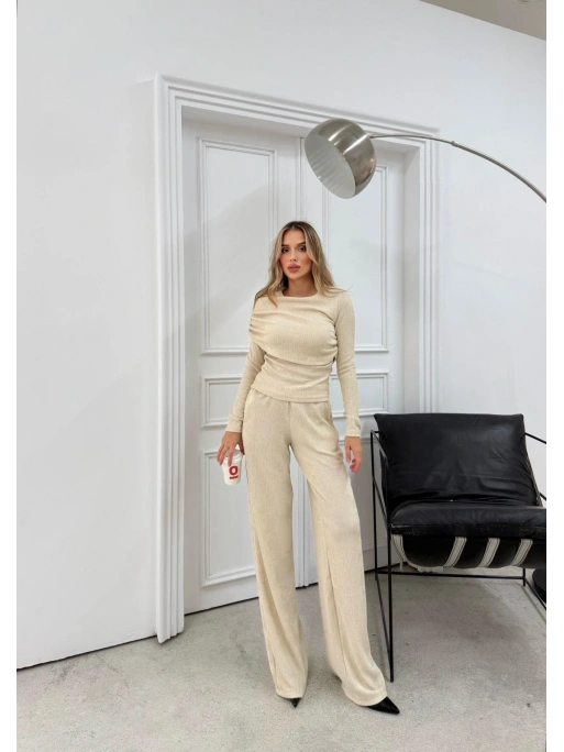 ŞAL YAKA BLUZ VE PANTOLONLU SELANİK KUMAŞ İKİLİ TAKIM KREM