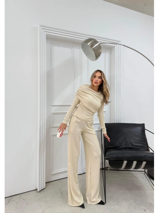 ŞAL YAKA BLUZ VE PANTOLONLU SELANİK KUMAŞ İKİLİ TAKIM KREM