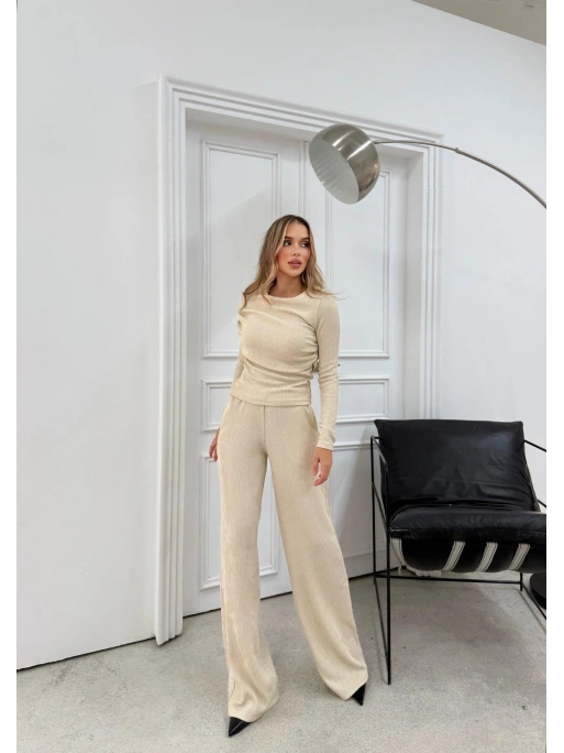 ŞAL YAKA BLUZ VE PANTOLONLU SELANİK KUMAŞ İKİLİ TAKIM KREM