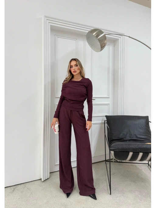 ŞAL YAKA BLUZ VE PANTOLONLU SELANİK KUMAŞ İKİLİ TAKIM MÜRDÜM