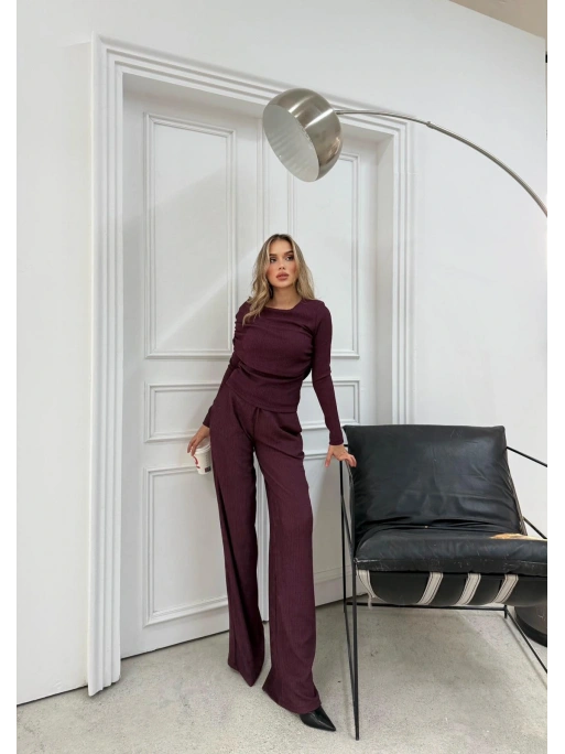 ŞAL YAKA BLUZ VE PANTOLONLU SELANİK KUMAŞ İKİLİ TAKIM MÜRDÜM