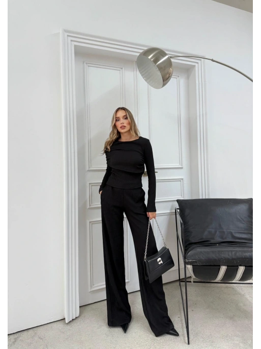 ŞAL YAKA BLUZ VE PANTOLONLU SELANİK KUMAŞ İKİLİ TAKIM SİYAH