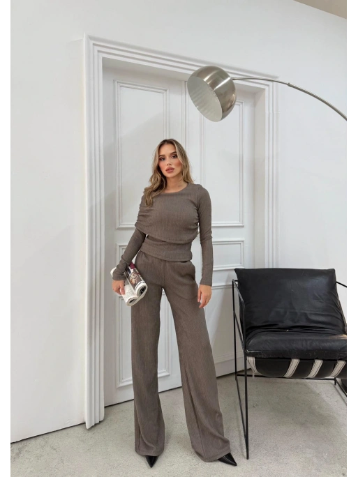 ŞAL YAKA BLUZ VE PANTOLONLU SELANİK KUMAŞ İKİLİ TAKIM VİZON