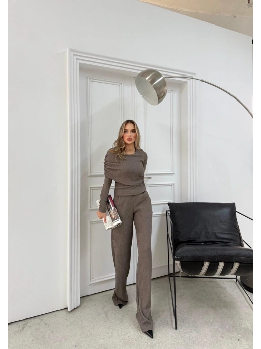 ŞAL YAKA BLUZ VE PANTOLONLU SELANİK KUMAŞ İKİLİ TAKIM VİZON