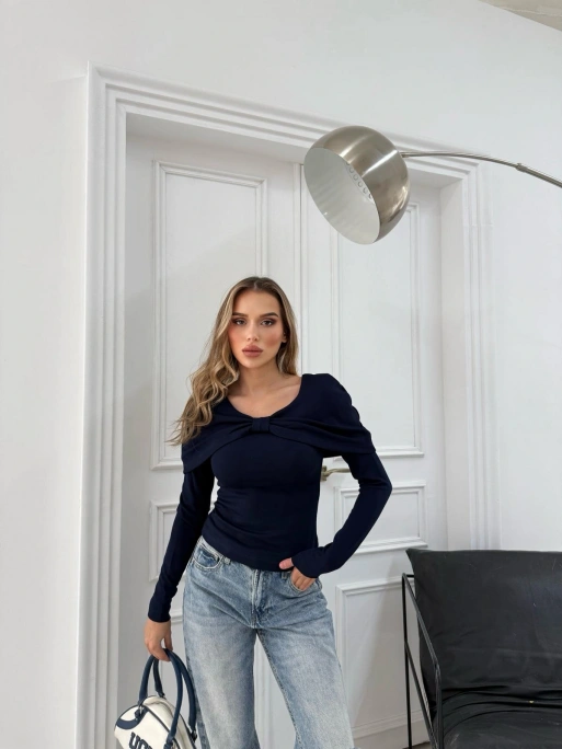 ŞAL YAKA ÖN BURGULU SELANİK KUMAŞ BLUZ LACİVERT