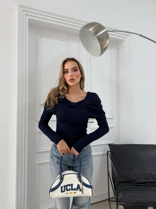 ŞAL YAKA ÖN BURGULU SELANİK KUMAŞ BLUZ LACİVERT