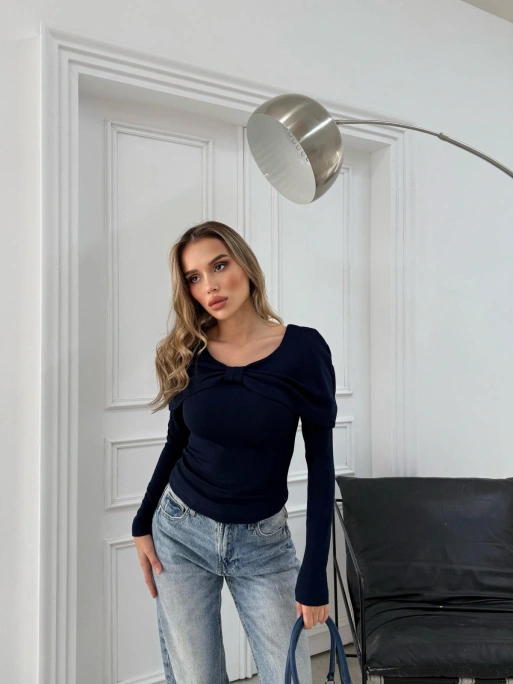 ŞAL YAKA ÖN BURGULU SELANİK KUMAŞ BLUZ LACİVERT