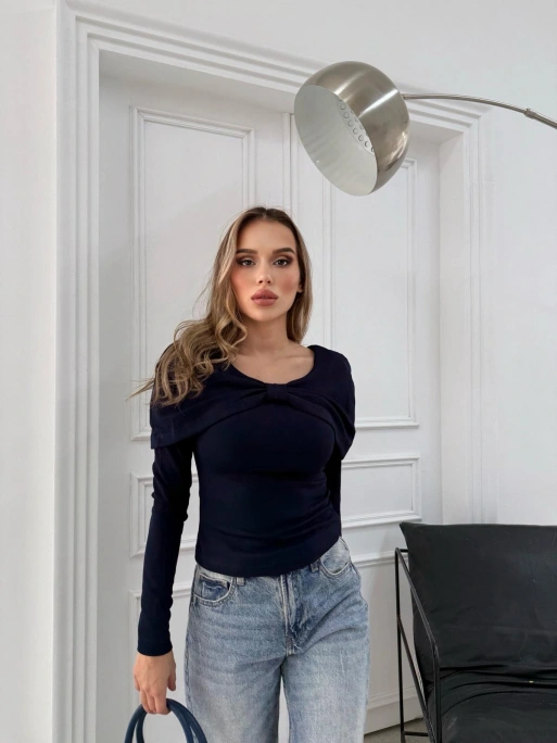 ŞAL YAKA ÖN BURGULU SELANİK KUMAŞ BLUZ LACİVERT