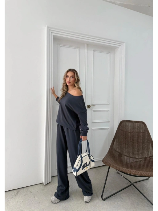 SALAŞ DÜŞÜK OMUZ BLUZ VE PANTOLONLU MODAL İKİLİ TAKIM ANTRASİT FRG-6011