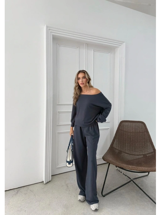 SALAŞ DÜŞÜK OMUZ BLUZ VE PANTOLONLU MODAL İKİLİ TAKIM ANTRASİT FRG-6011